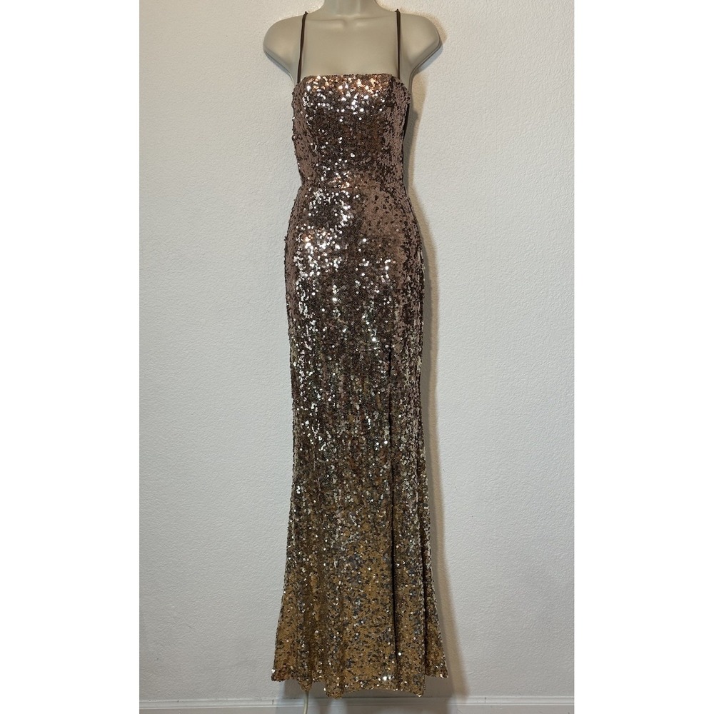 New Brown‎ Gold Ombré Sequin Gown Open Back Side Slit Maxi Prom XS/S Coquette